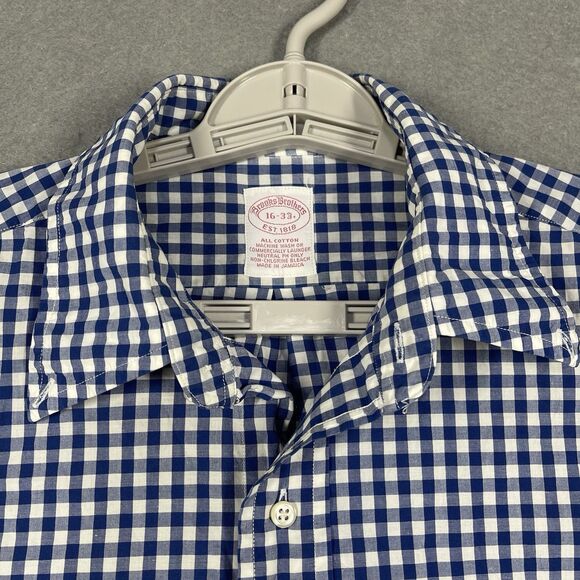 Brooks Brothers Shirt Mens 16-33 Blue White Check Gingham Long Sleeve All Coton - Picture 3 of 6